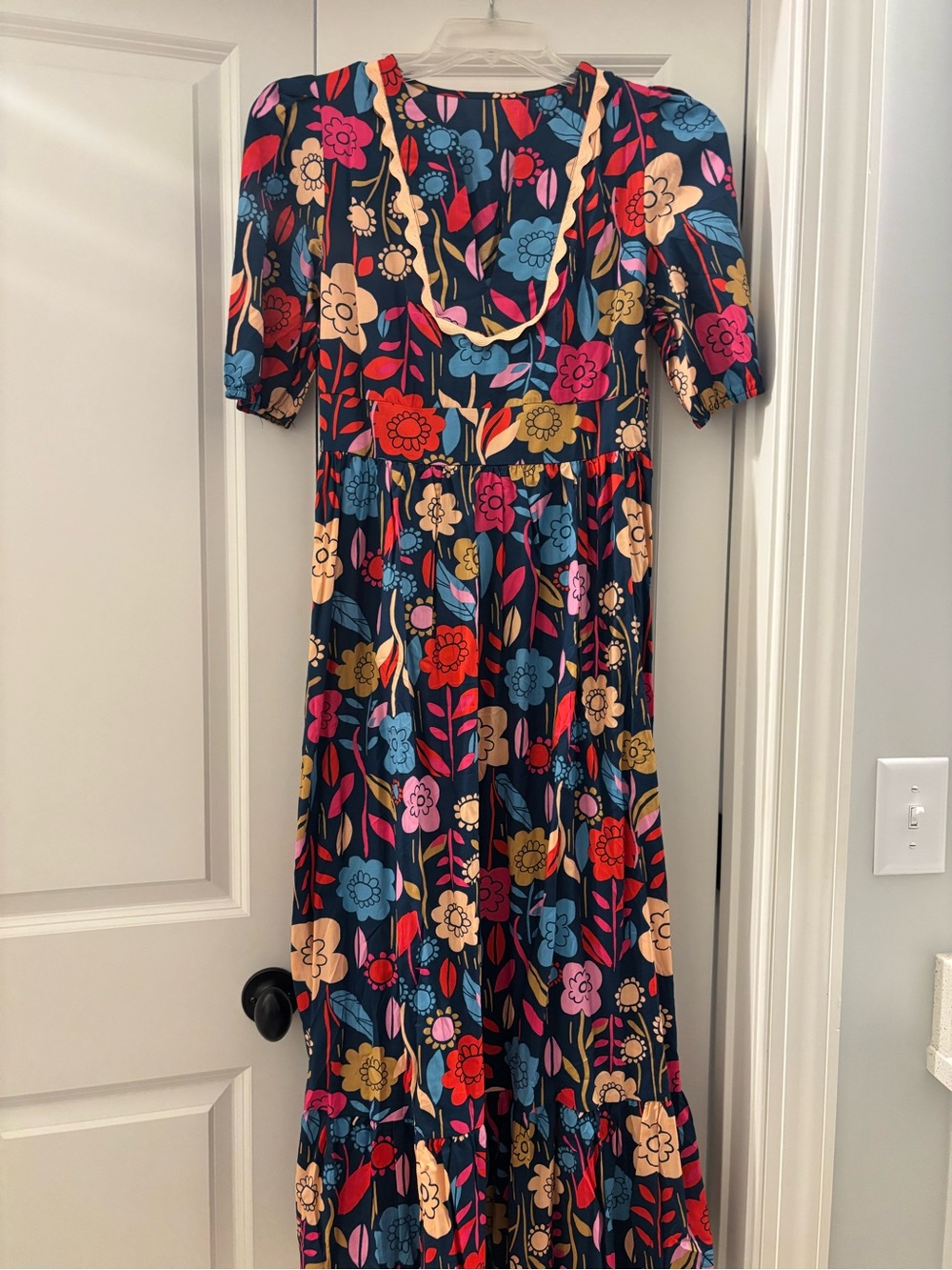 Navy Floral Maxi Dress with Pink & Blue Blooms
